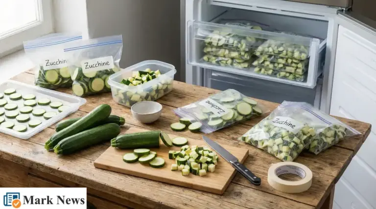 Zucchine affettate e a cubetti in sacchetti freezer ed etichettate, pronte per essere congelate nel cassetto del congelatore