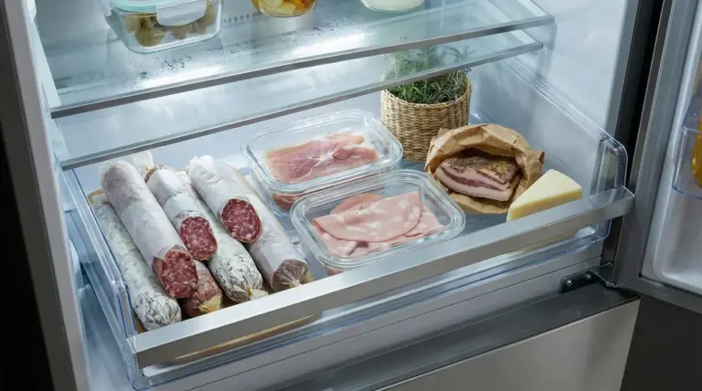 Salumi conservati in frigorifero in contenitori di vetro e carta per mantenerli freschi ed evitare muffe