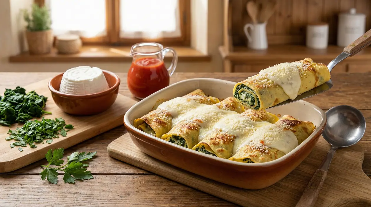 Crespelle ripiene di spinaci e formaggio gratinate in teglia, con salsa di pomodoro e ricotta sul tavolo