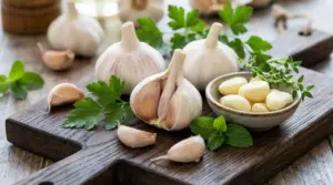 Teste d’aglio e spicchi sbucciati con prezzemolo, menta e timo su un tagliere di legno