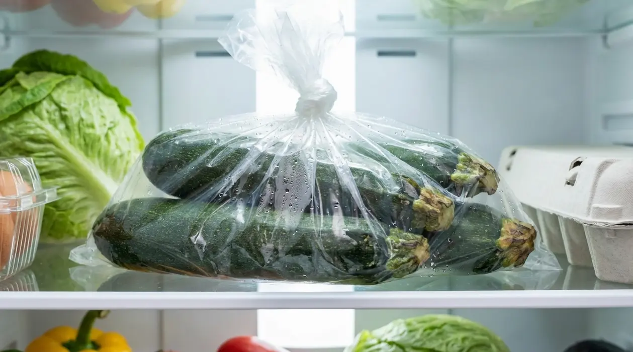 Zucchine crude chiuse in un sacchetto di plastica nel frigorifero con condensa all'interno