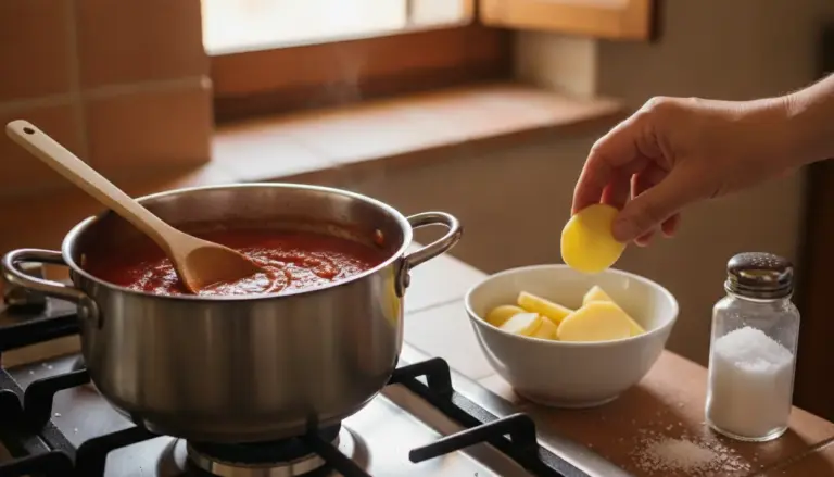 Pentola con sugo di pomodoro sul fuoco mentre una mano aggiunge patate per rimediare a un sugo troppo salato