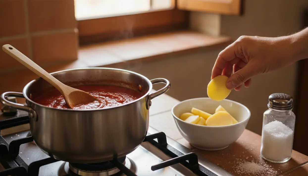 Pentola con sugo di pomodoro sul fuoco mentre una mano aggiunge patate per rimediare a un sugo troppo salato