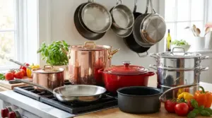 Pentole e padelle di diversi materiali disposte in cucina su fornelli e piano di lavoro