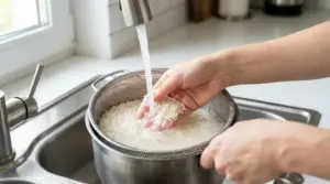 Persona che sciacqua il riso sotto l’acqua corrente in un colino nel lavello della cucina