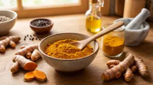 Curcuma in polvere e radice fresca su un tavolo da cucina con olio e spezie