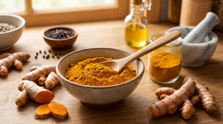 Curcuma in polvere e radice fresca su un tavolo da cucina con olio e spezie