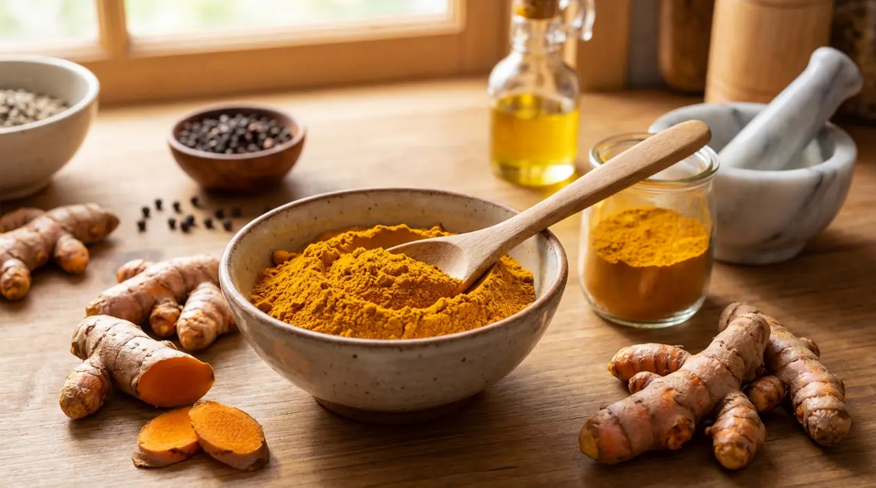 Curcuma in polvere e radice fresca su un tavolo da cucina con olio e spezie