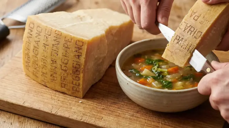 Mani che tagliano la scorza di Parmigiano Reggiano e la aggiungono a una zuppa di verdure in ciotola