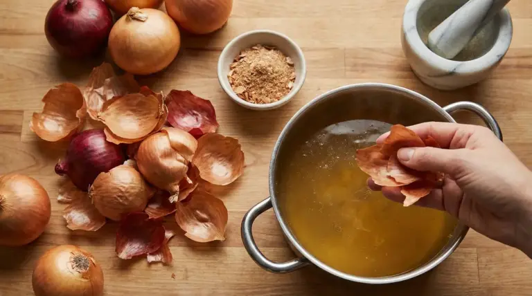 Mano che aggiunge bucce di cipolla in una pentola di brodo su piano di legno, con cipolle e bucce accanto