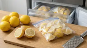 Limoni interi e tagliati su tagliere, con sacchetto di spicchi pronti da congelare e freezer aperto sullo sfondo