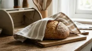 Pagnotta di pane fresco coperta con un canovaccio a righe su un tagliere, in cucina vicino alla finestra