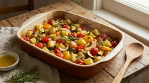 Teglia di verdure al forno con patate, pomodorini, zucchine e rosmarino su tavolo di legno