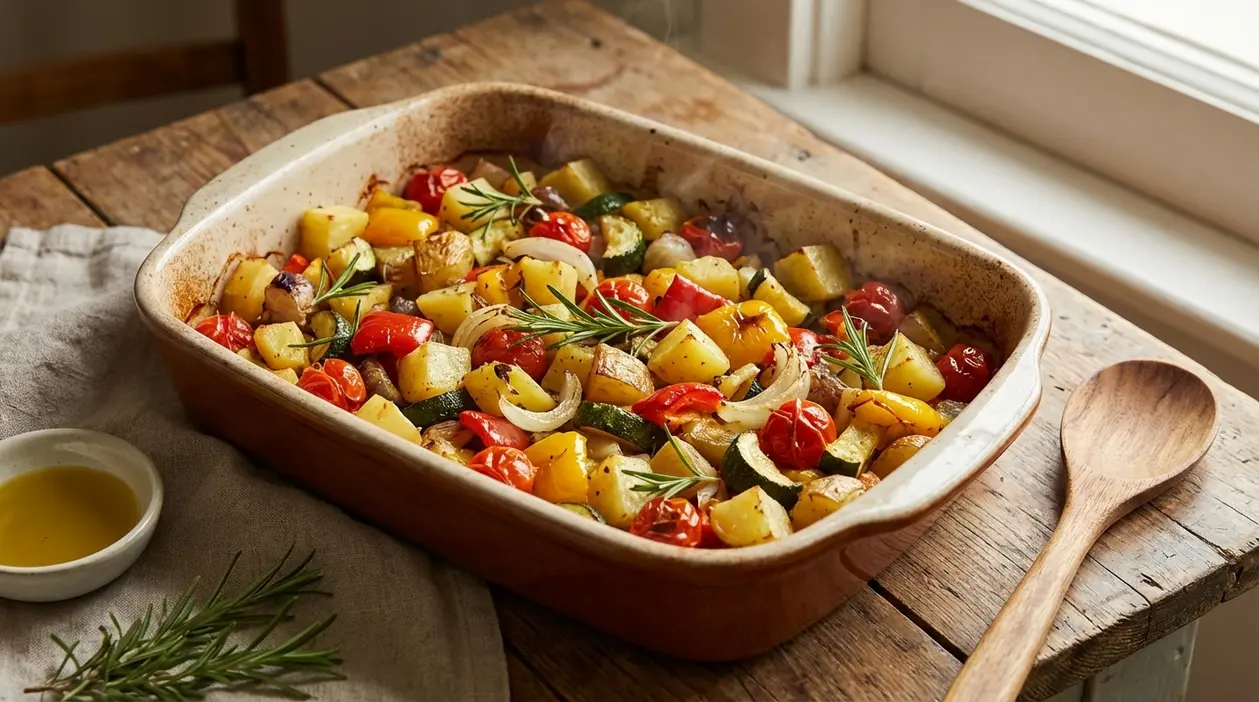 Teglia di verdure al forno con patate, pomodorini, zucchine e rosmarino su tavolo di legno