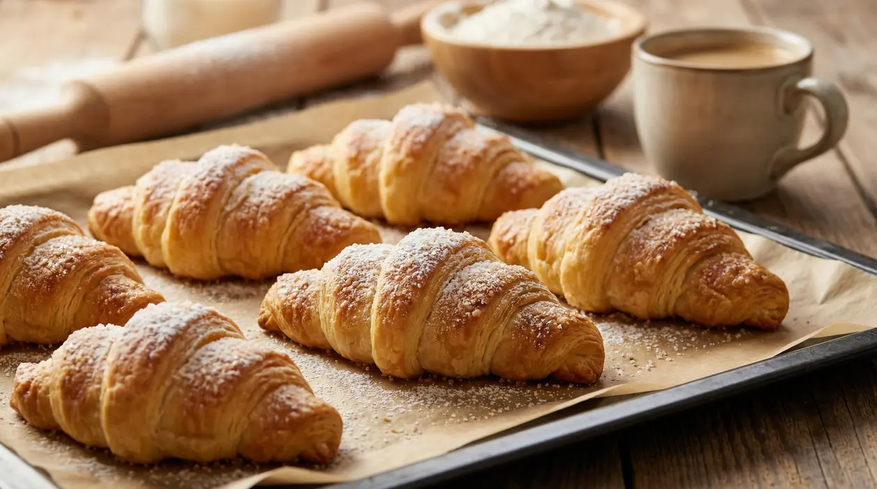 Cornetti sfogliati appena sfornati su teglia con zucchero a velo, con mattarello e tazza di caffè sullo sfondo