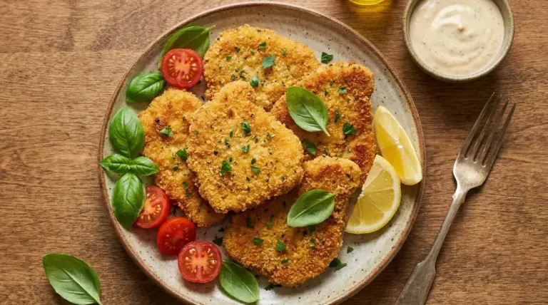 Cotolette vegetariane croccanti impanate con basilico, pomodorini e spicchi di limone su un piatto