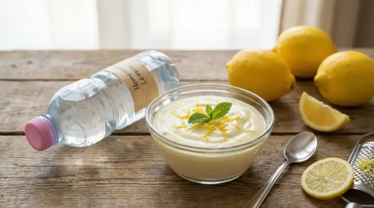Ciotola di crema al limone con scorza e menta su tavolo in legno, con limoni, cucchiaio e bottiglia d’acqua