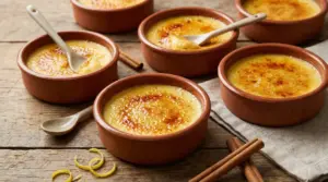 Crema catalana in ciotoline di terracotta con crosticina di zucchero caramellato, cucchiaini e cannella su tavolo in legno