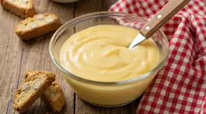 Ciotola di crema pasticcera liscia con cucchiaio su tavolo di legno, con biscotti secchi a lato