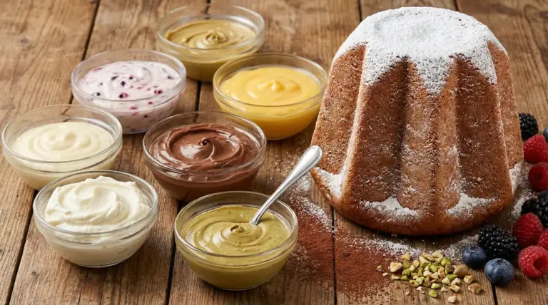 Pandoro con zucchero a velo e ciotoline di creme diverse per farcitura su tavolo di legno