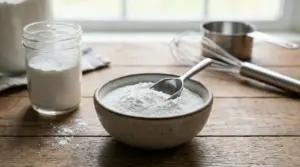 Ciotola e barattolo di cremor tartaro in polvere su tavolo di legno, con cucchiaio e frusta da cucina