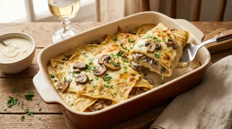 Crepes salate al forno ripiene di funghi con besciamella e formaggio gratinato in teglia