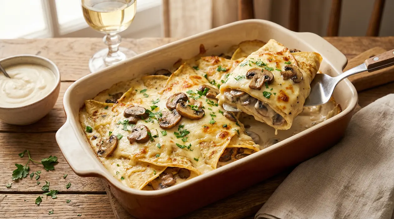 Crepes salate al forno ripiene di funghi con besciamella e formaggio gratinato in teglia