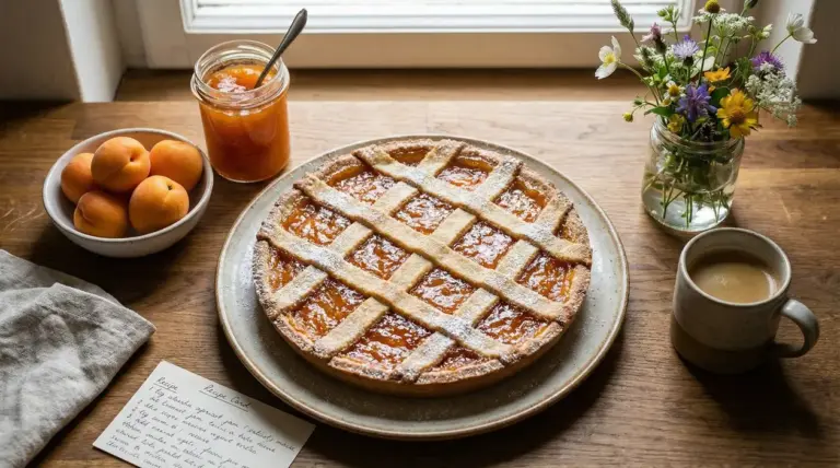 Crostata con marmellata e griglia di pasta frolla su piatto, con frutta, barattolo di confettura e tazza di caffè