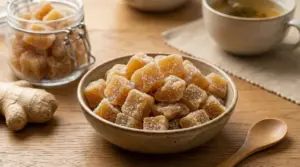 Ciotola di cubetti di zenzero candito fatti in casa su tavolo di legno, con radice di zenzero e tazza di tisana