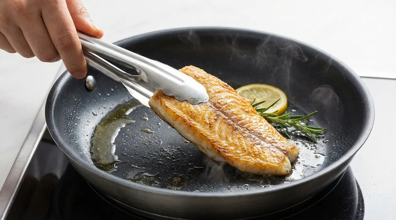 Filetto di pesce rosolato in padella antiaderente, girato con pinze da cucina con limone e rosmarino