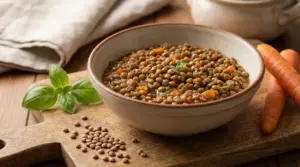 Ciotola di lenticchie cotte con verdure su tagliere di legno, con carote e basilico accanto