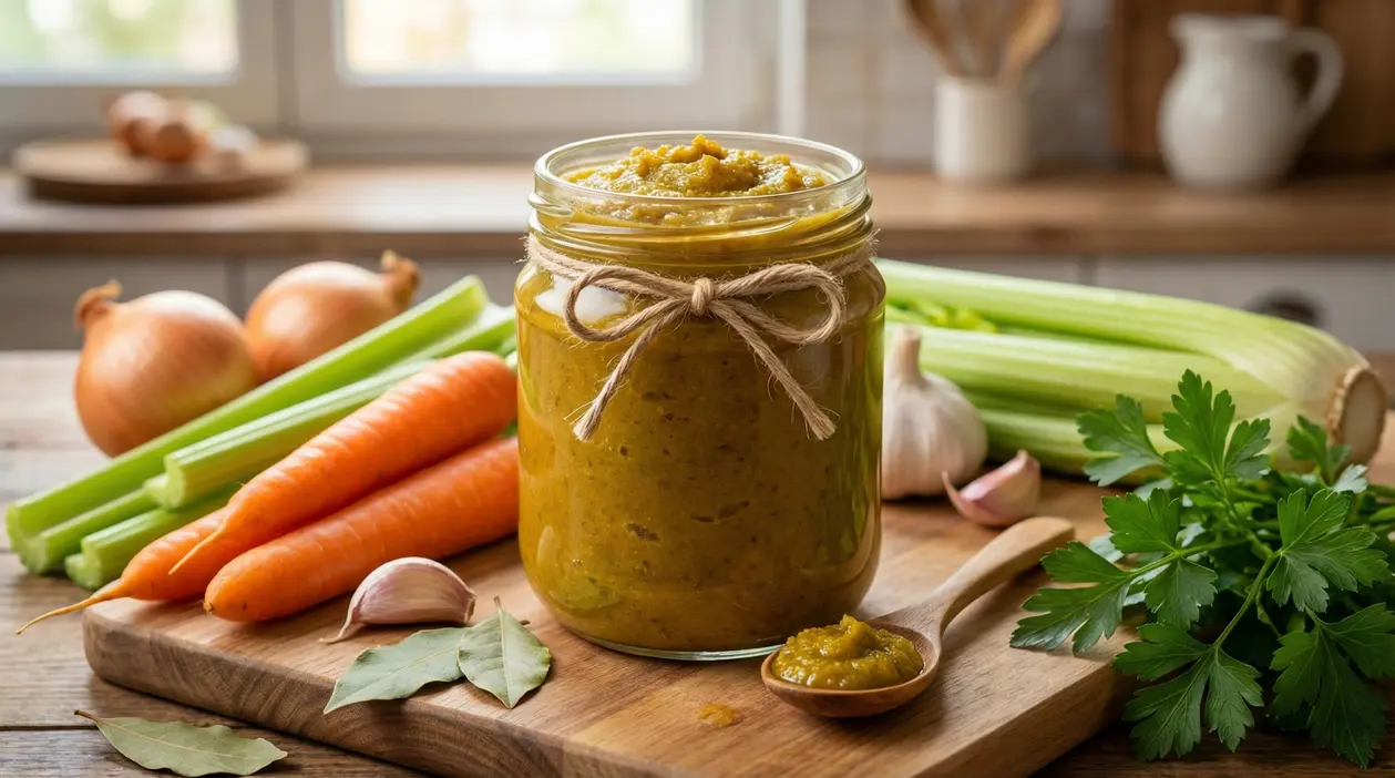 Barattolo di dado vegetale fatto in casa su tagliere con carote, sedano, cipolla, aglio e prezzemolo