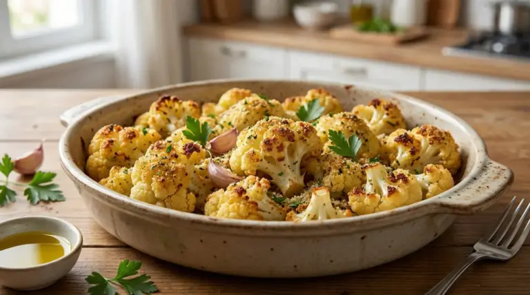 Cavolfiore al forno gratinato con pangrattato, prezzemolo e spicchi d’aglio in pirofila su tavolo di legno