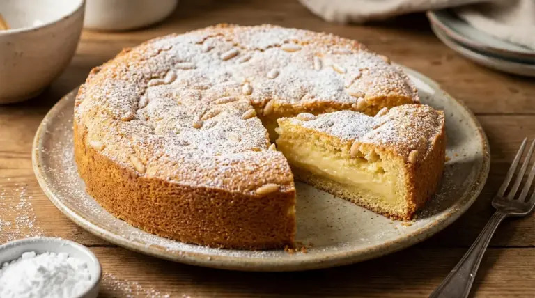 Torta tradizionale toscana con ripieno cremoso, pinoli e zucchero a velo, servita su un piatto con una fetta tagliata