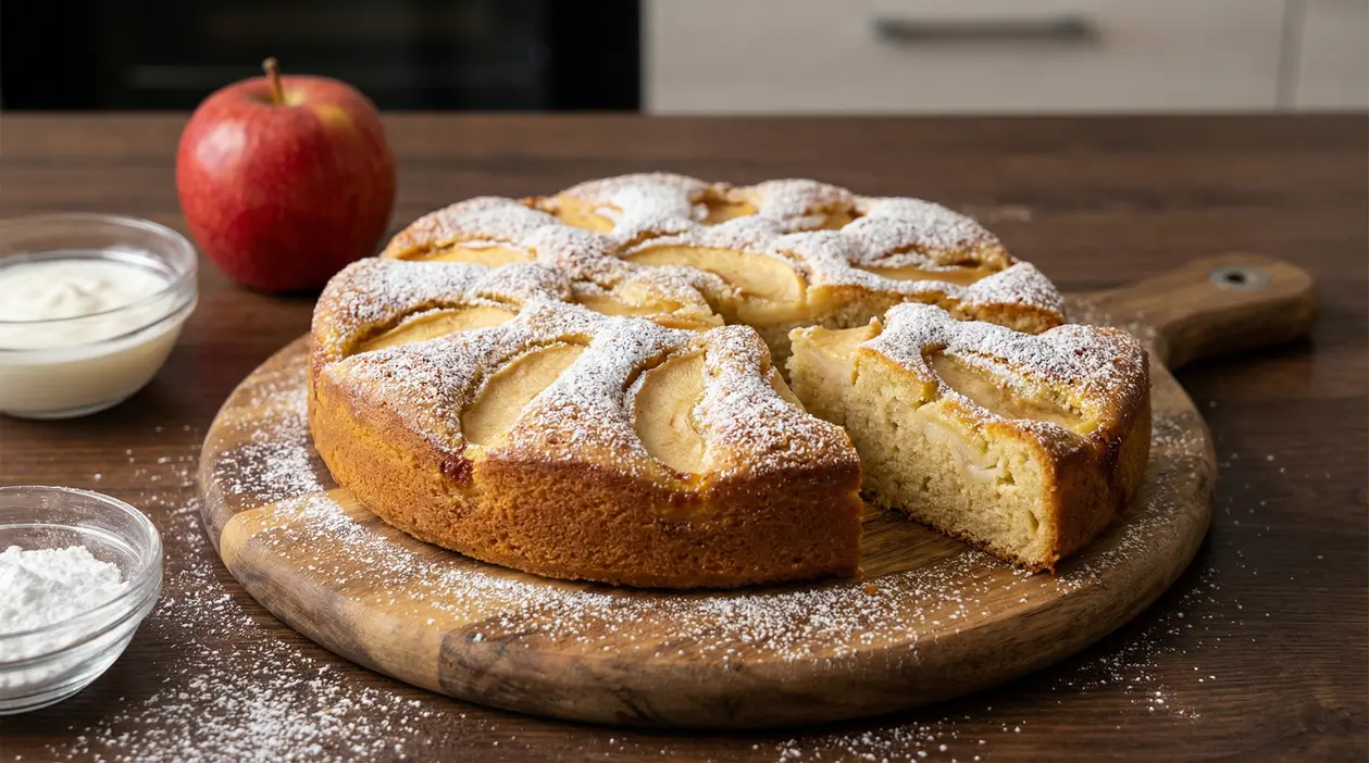 Torta di mele soffice con spicchi in superficie e zucchero a velo, con una fetta tagliata su tagliere