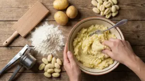Impasto di gnocchi di patate in una ciotola con farina, patate e utensili su tavolo di legno