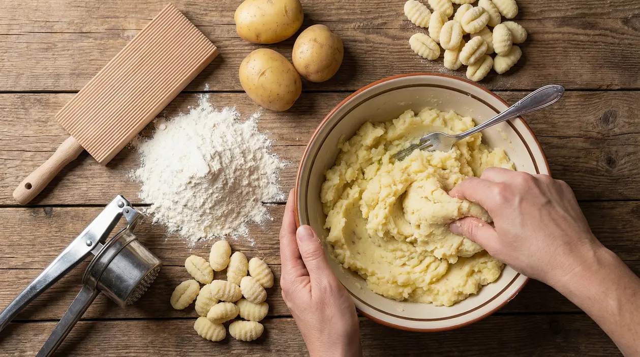 Impasto di gnocchi di patate in una ciotola con farina, patate e utensili su tavolo di legno