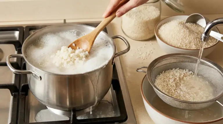 Pentola di riso in ebollizione con schiuma e cucchiaio di legno; riso sciacquato in colino sotto acqua corrente