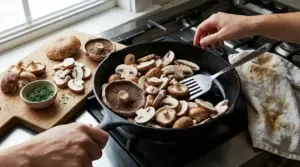 Funghi affettati in padella mentre una persona li cucina su un piano cottura in cucina