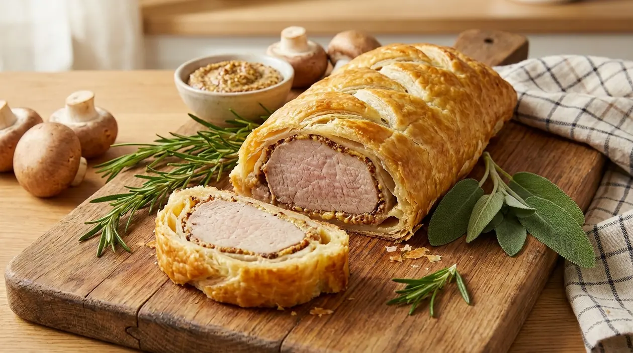 Filetto di maiale in crosta di pasta sfoglia con senape, affettato su tagliere con rosmarino e salvia