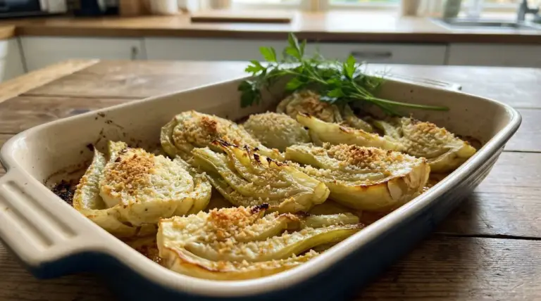 Finocchi al forno gratinati in teglia, con pangrattato dorato e prezzemolo, su un tavolo in cucina