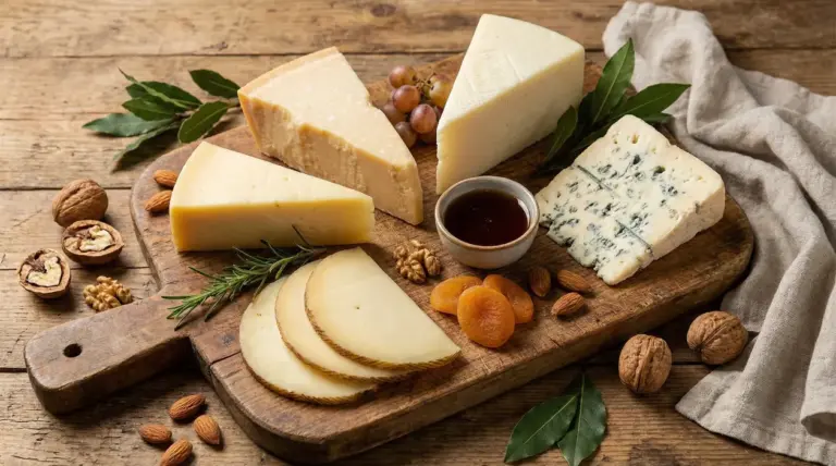 Tagliere di formaggi stagionati e erborinati con frutta secca e miele su tavolo di legno