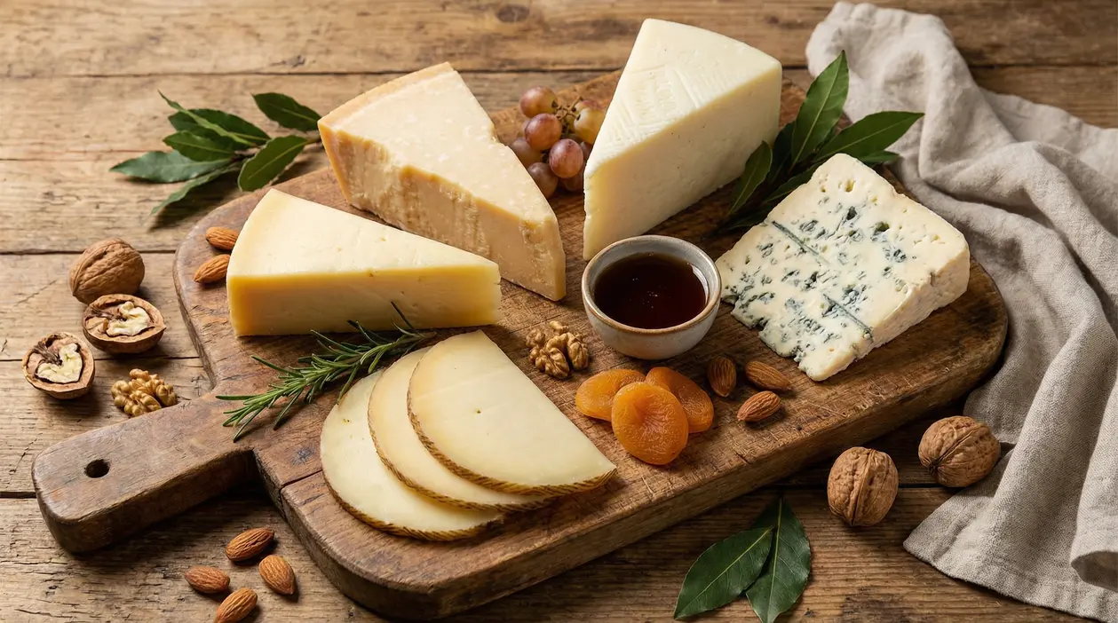 Tagliere di formaggi stagionati e erborinati con frutta secca e miele su tavolo di legno