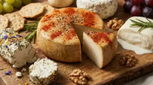 Tagliere con formaggi vegani assortiti, erbe aromatiche, cracker, uva e noci