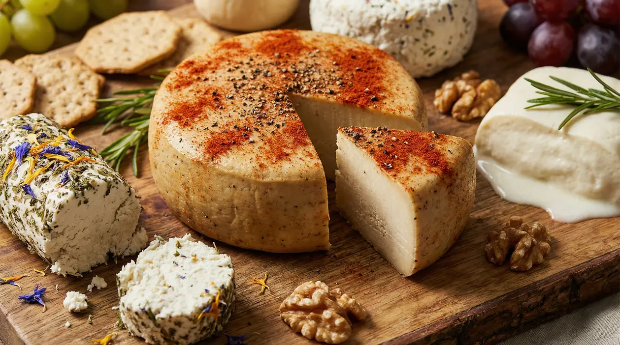 Tagliere con formaggi vegani assortiti, erbe aromatiche, cracker, uva e noci