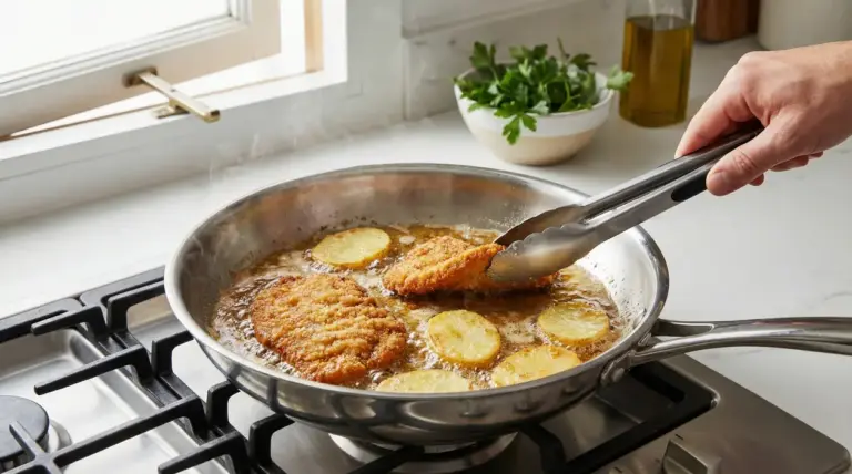 Cotoletta e fette di patate che friggono in padella sul fornello, con una mano che gira con le pinze
