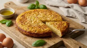 Frittata di spaghetti napoletana dorata su tagliere, con una fetta tagliata e basilico accanto