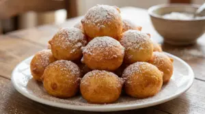 Piatto di frittelle di Carnevale gonfie e dorate, spolverate di zucchero a velo su un tavolo di legno