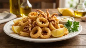 Piatto di calamari fritti dorati e croccanti con spicchi di limone, serviti su tavola rustica