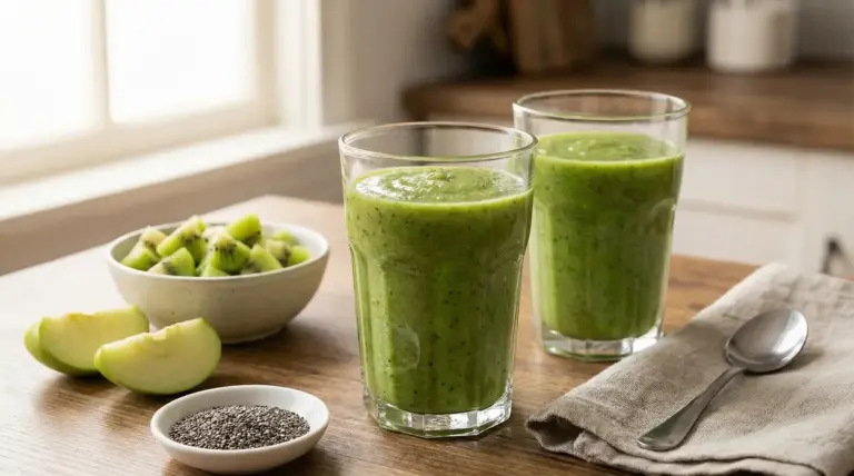 Due bicchieri di frullato verde con kiwi, mela e semi su un tavolo, ideale per una colazione che aiuta l’intestino